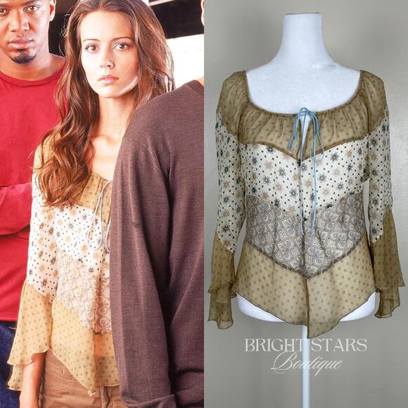 Extremely Rare Silk Print Top ASO Fred Angel Blouse Boho ALT Lorelai Gilmore - Picture 1 of 11